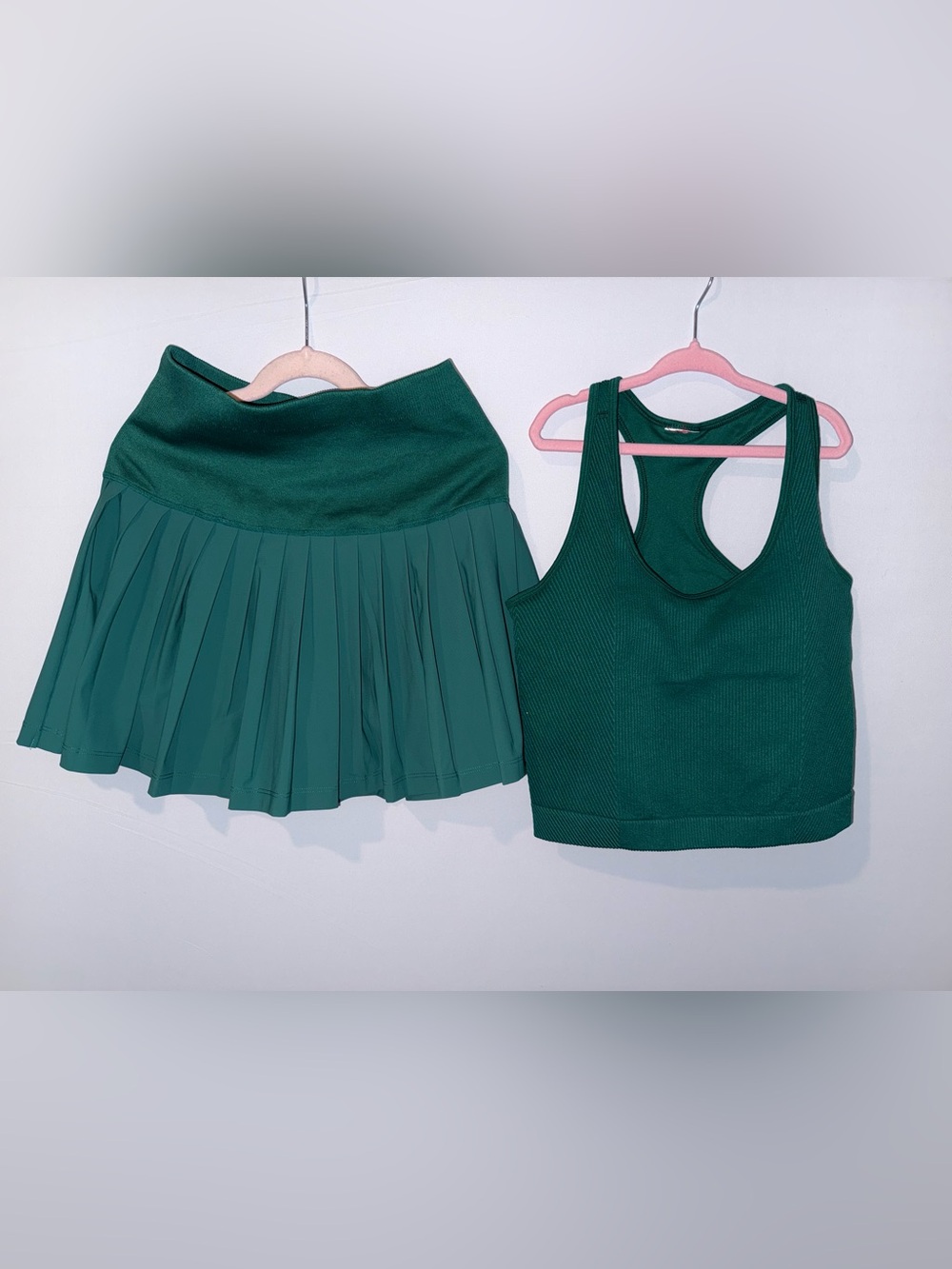 Girls Tennis Skirt & Racerback Athletic Top 2-Piece Outfit Green Pleated